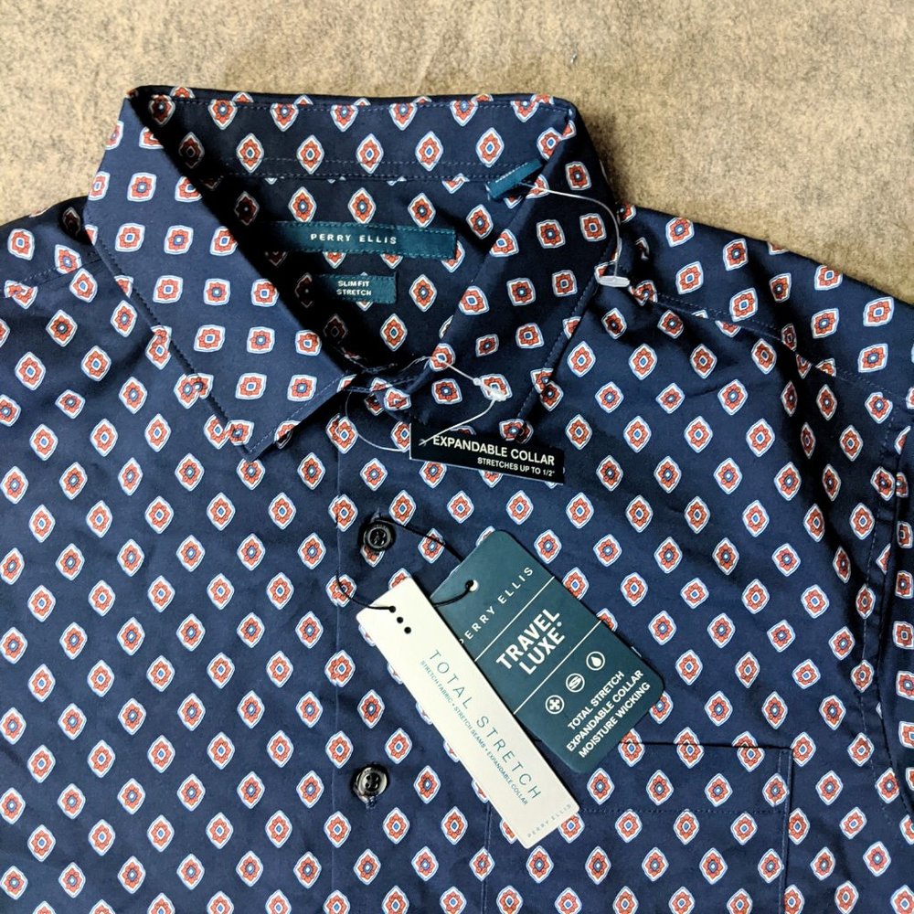 Perry Ellis Travel Luxe Men's Navy Blue Button Down Shirt Total Stretch NWT - Picture 8 of 8